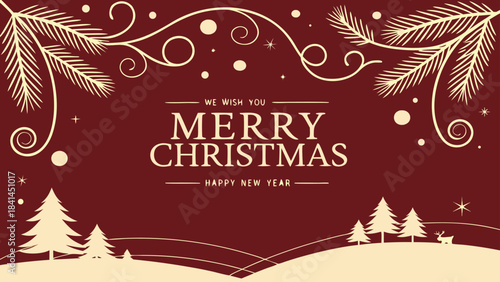 Gold Christmas and New Year Typographical on red Xmas background with winter landscape with snowflakes. Happy Holidays printable banner, card, vector with Christmas snowflake card, winter, clipart, 