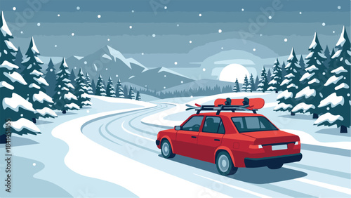 Red Car with Skis and Snowboard on Snowy Mountain Road, Winter Travel