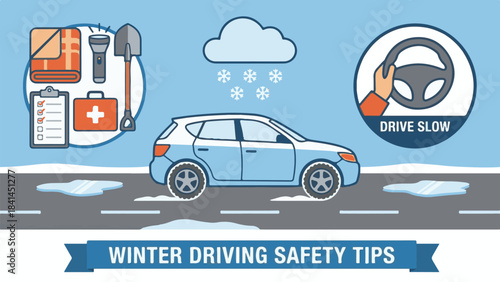 Winter Driving Safety Tips Illustration with Car and Essential Equipment