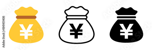 円マーク入りお金袋アイコンセット（円・カラー／線画／黒） Yen Money Bag Icon Set – Color, Outline, Solid