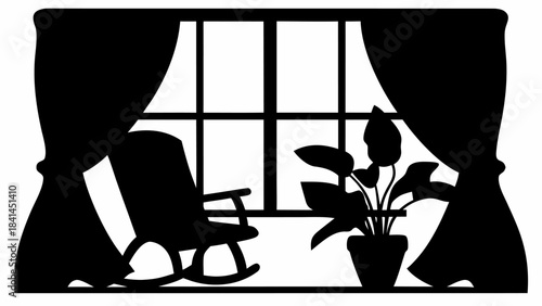 Comfortable silhouette of a rocking chair beside a window with curtains, creating a serene and cozy reading nook for home interiors.
