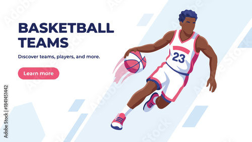 Dynamic basketball player dribbling ball in flat design illustration