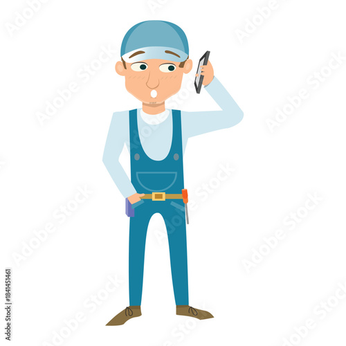 Handyman talking on a mobile phone with a surprised expression. Concept of emergency call