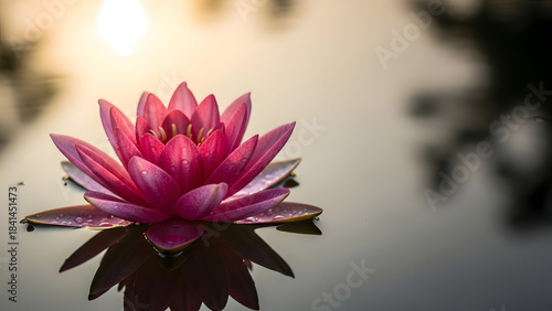 Beautiful pink water lily flower floating on calm water at sunrise or sunset