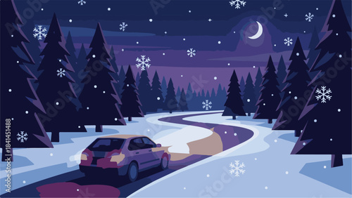 Illustration of a Car on a Winding Snowy Road Through a Winter Forest at Night