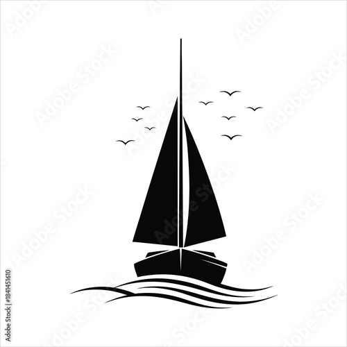 Black Silhouette of a Sailboat on the Water with Birds Flying Above