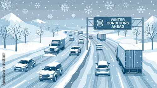 Snowy highway traffic with a snowplow and 'Winter Conditions Ahead' sign