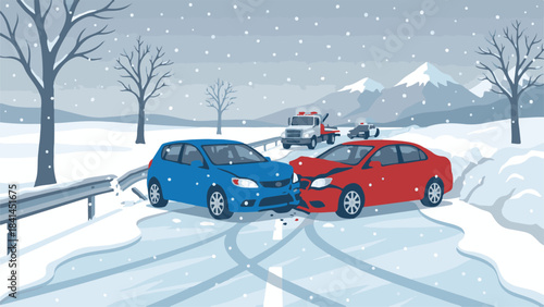 Car accident on snowy road in winter, emergency services present