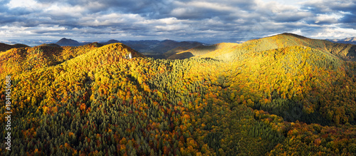 Fototapeta Naklejka Na Ścianę i Meble -  Forest and rocks mountain with sun at beautifull sunset
