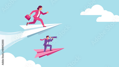 Business professionals flying on paper planes, pursuing career goals and vision