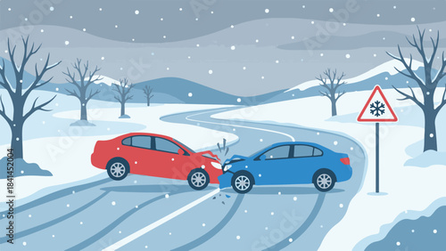 Head-on car crash on icy winter road with falling snow