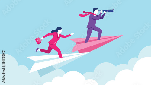 Business vision and future exploration with executives on paper airplanes