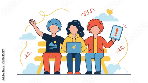 Illustration of young diverse people sitting on a bench, working and interacting