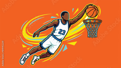 Vibrant illustration of a basketball player performing a slam dunk