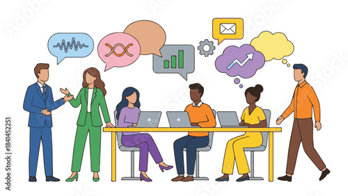 Business team collaboration with diverse ideas and data analysis icons