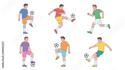 Collection of diverse soccer players in various poses and actions with a ball