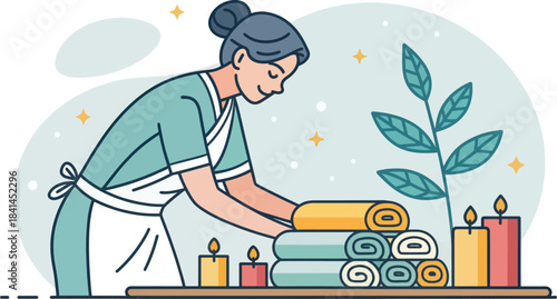 Spa Attendant Arranging Towels Professional Service Icon