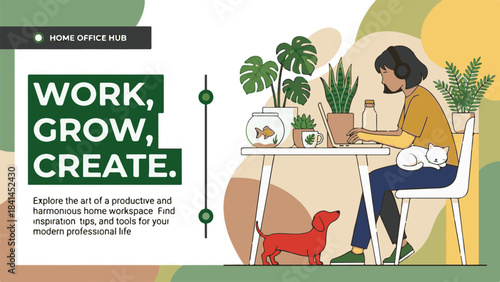 Person working in a harmonious home office with pets and plants illustration