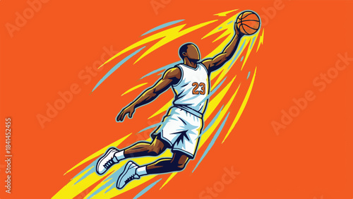 Dynamic basketball player jumping for a dunk, vibrant vector illustration