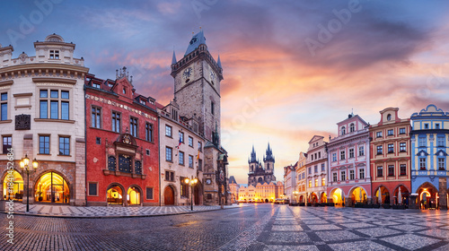 Prague, Czech Republic. Panoramic sunset view at Church of Our Lady Before Tyn the Old Town Square Praha city. Evening in prague, popular travel destination Europe