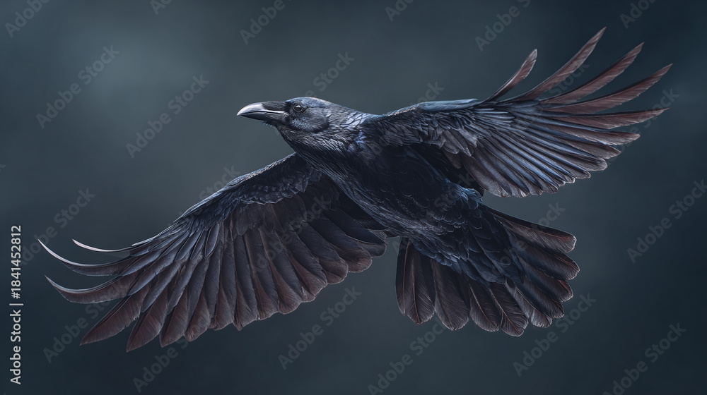 Obraz premium A raven soars gracefully through the air, wings spread wide against a dark sky. The bird's sleek, dark feathers are visible as it flies