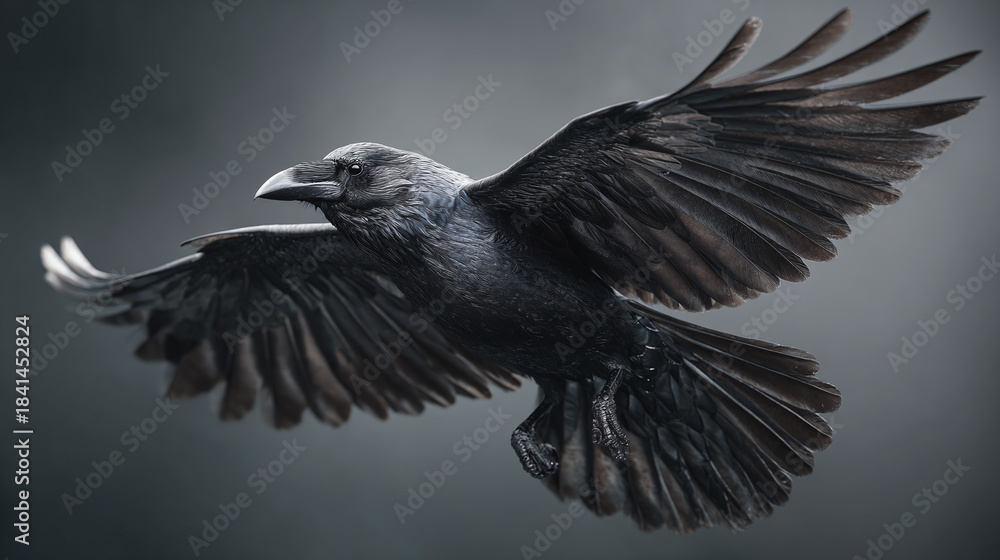 Obraz premium A raven soaring majestically through the sky, showcasing its impressive wingspan