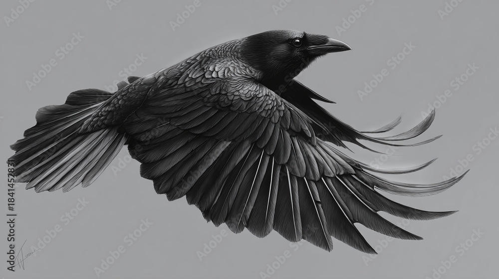 Obraz premium A raven in flight with its wings spread against a monochromatic background. The bird's feathers are detailed, creating a stunning visual