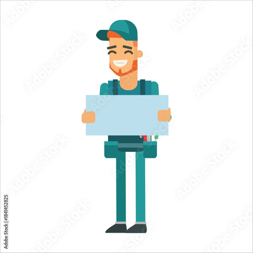 Plumber holding a blank paper or board with copy space for text. Concept of announcement