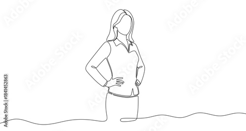 Business woman or leader with hands on hips in one line art style. Woman drawing with editable black stroke on white background. Vector illustration.
