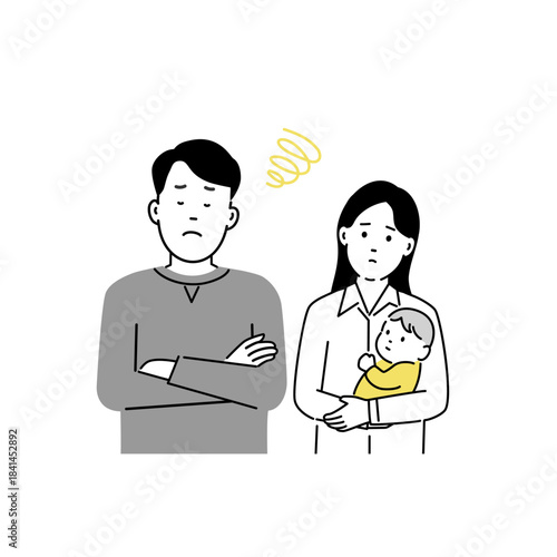若い夫婦が悩みや不安を抱えて考え込むシーンのシンプルなイラスト