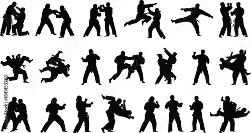 Dynamic black silhouettes of martial arts techniques, showcasing judo, karate, and self-defense training, grappling, striking, and powerful fighting poses on white background for design.