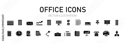 Minimalist office icons set featuring desk. Black silhouette icons of office equipment and stationery supplies featuring a stapler, calculator, scissors, desk lamp, notebook, vector illustration.