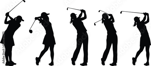 Female golfer silhouettes, women playing golf, athletic swing poses vector set, sports illustration for fitness, recreation, training, competition, outdoor activity