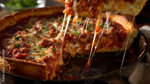 A delicious deep-dish pizza being served, featuring a thick crust filled with savory meat sauce and melted cheese, with fresh herbs sprinkled on top, set in a cozy dining environment