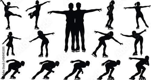Figure skating and speed skating silhouettes collection, dynamic athlete poses, ice sports illustration, winter activity vector artwork for design projects