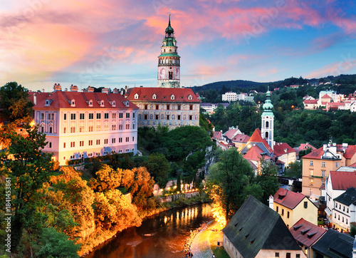 Cesky Krumlov historical old town at dramatic sunset, Southern Bohemia, Czech Republic