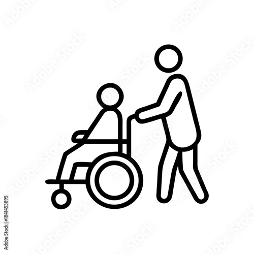 Volunteer partner transports an elderly person in a wheelchair against a transparent background