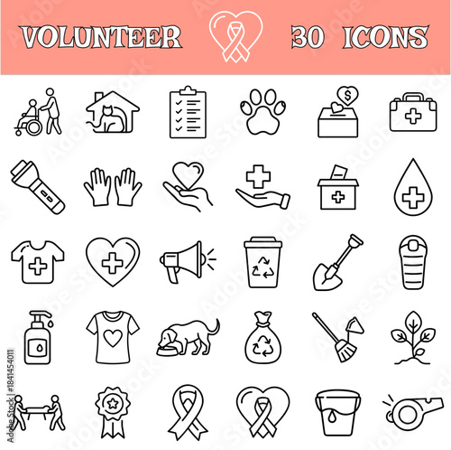 Volunteer icons collection with health, care, and community themes  