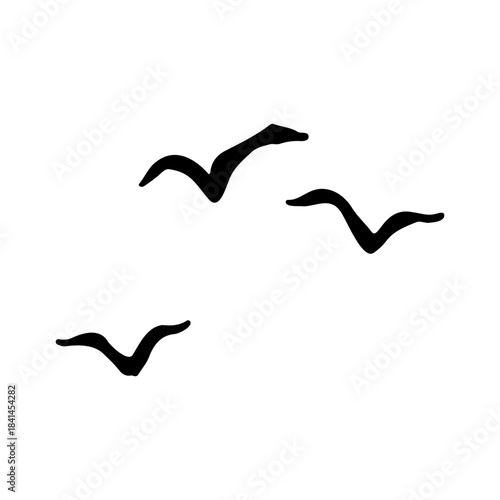 Hand-drawn sketch of three small flying birds silhouette