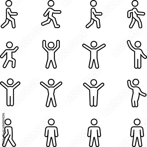 Set of Simple Line Art Icons Depicting Human Figures in Various Poses people person