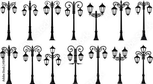 Vintage street lamp silhouettes, decorative lantern posts, ornate outdoor lighting designs, classic iron lamp icons for urban landscape, architecture, and graphic illustration projects