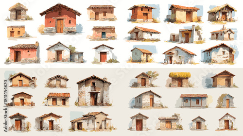 Collection of rustic small houses and cottages with textured walls and varied roof styles, hand drawn architectural illustrations isolated on white background, ideal for rural and design themes.