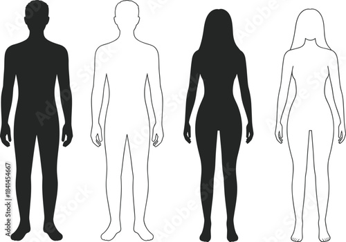 Silhouettes and outlines of male and female human figures in black and white on white Keywords: male, female, man, woman