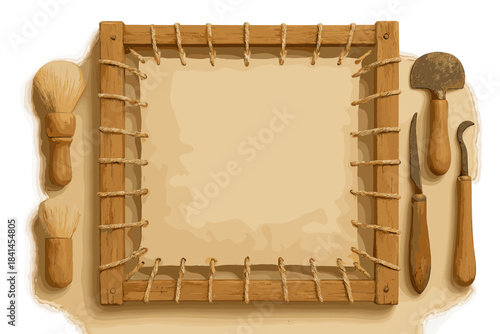 Wooden frame with a brush, a pair of scissors, and a pair of pliers