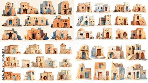 Set of desert and adobe style houses with arches and earthy tones, detailed architectural illustrations inspired by Middle Eastern and Mediterranean designs, isolated on white background.