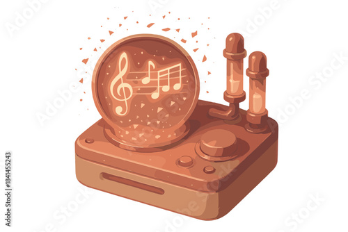 Music box with a round, golden shell and a musical note on it