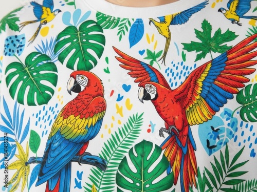 Vibrant tropical print tshirt with macaws and foliage