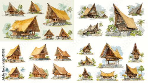 Set of tropical huts and thatched roof houses surrounded by greenery, detailed hand drawn architectural illustrations isolated on white background, perfect for island and nature themes.