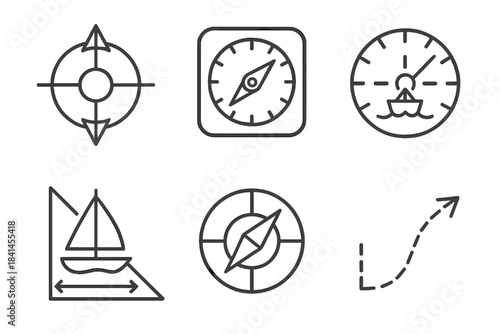 Set of six icons, including a compass, a boat, and a life preserver