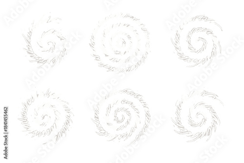 The image is a series of six different spiral shapes